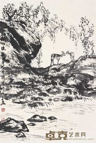 方济众 1984年作 林间山溪 立轴 86×58cm